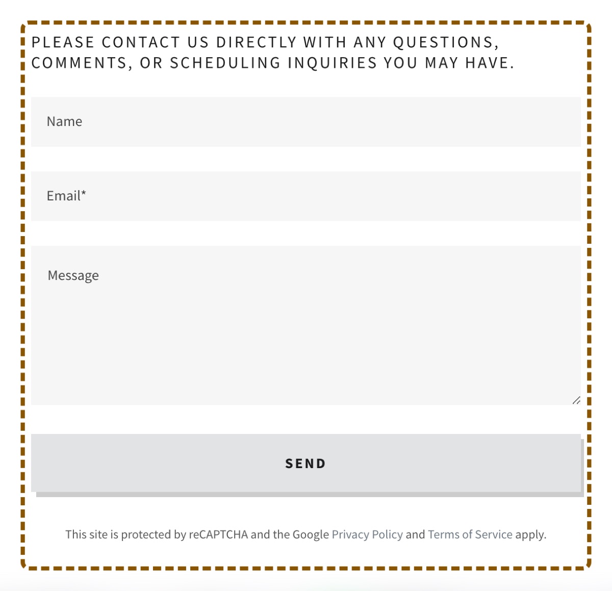 The contact form, outlined. Three labels with faint grey rectangles below them and a Send button.
